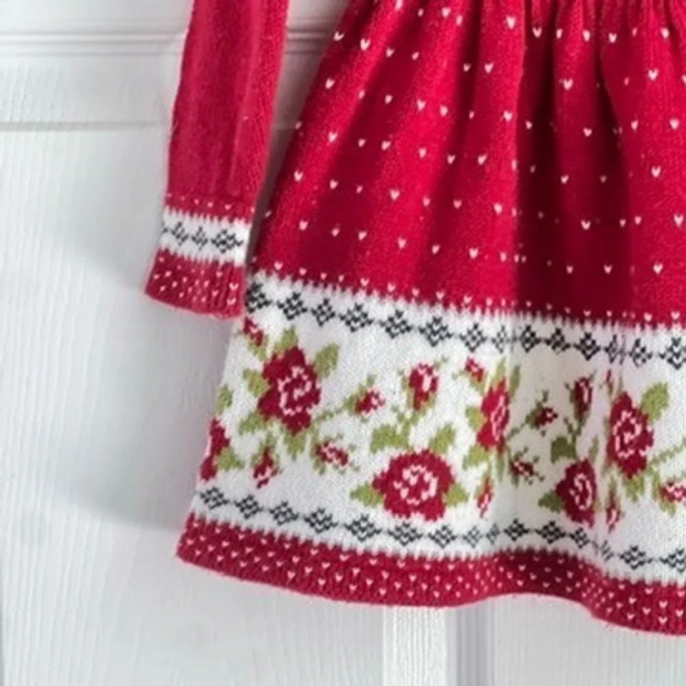 Max Studio Kids Sweater Dress Baby Girl 12M Floral Fair Isle Red Holiday Winter